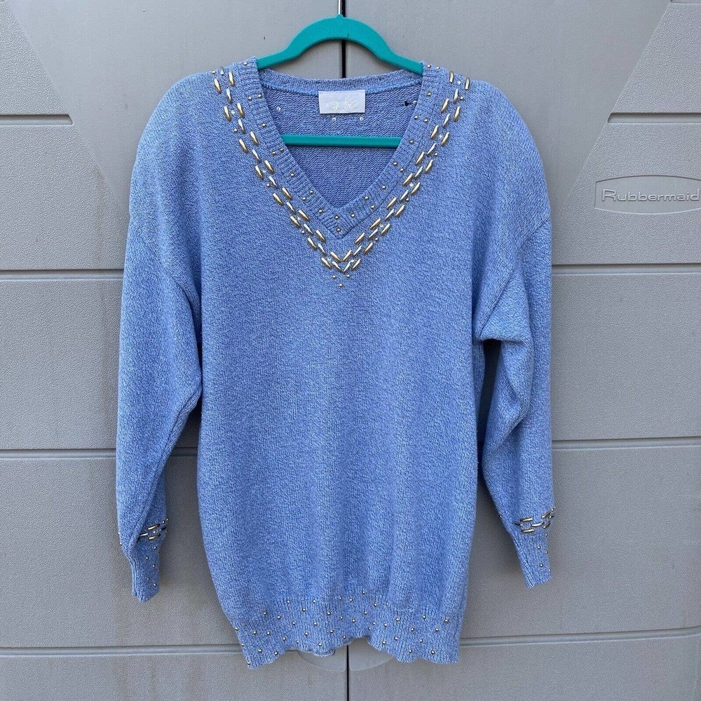 VINTAGE CACHE GOLD STUDS EMBELLISHED VNECK SWEATER SZ XL Please Read